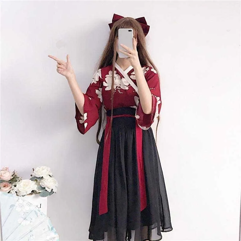 Kimono Floral японский стиль Kawaii Girls Yukata Summer Top Top наряды для женщин для женщин винтажная вечеринка азиатская одежда Hoori T200603