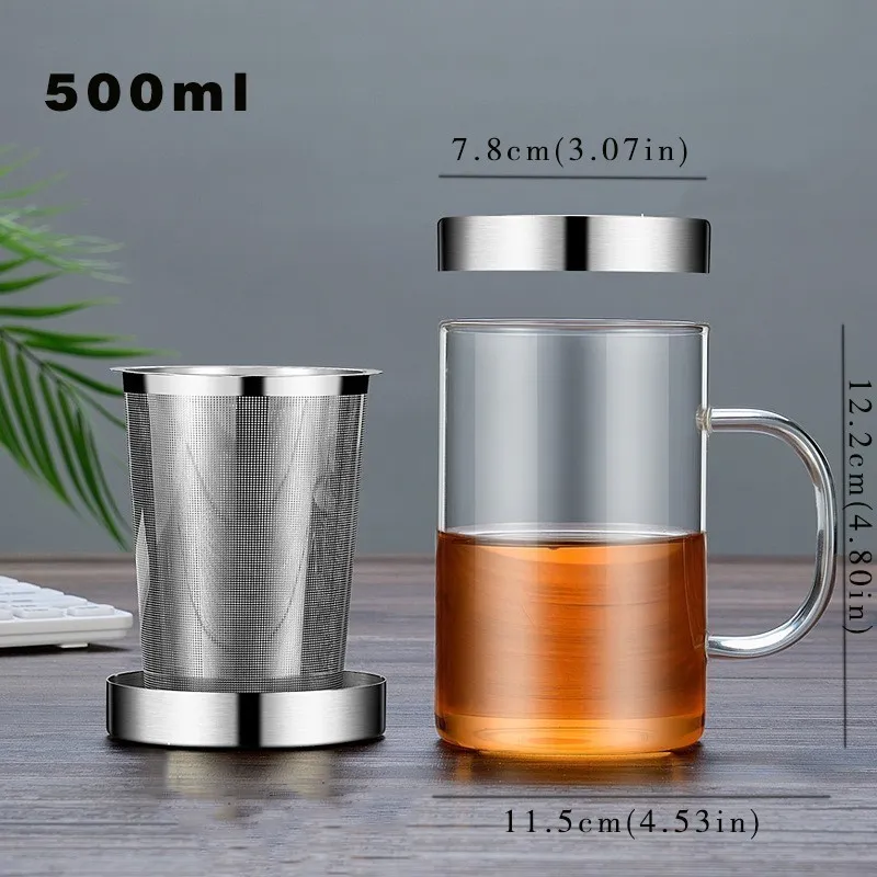 500 ml Travel Heatresant Ghead Glass Tea Infuser Kubek ze stali nierdzewnej Pokrywa kawa kubka Kuchnia Duża Y200104243V