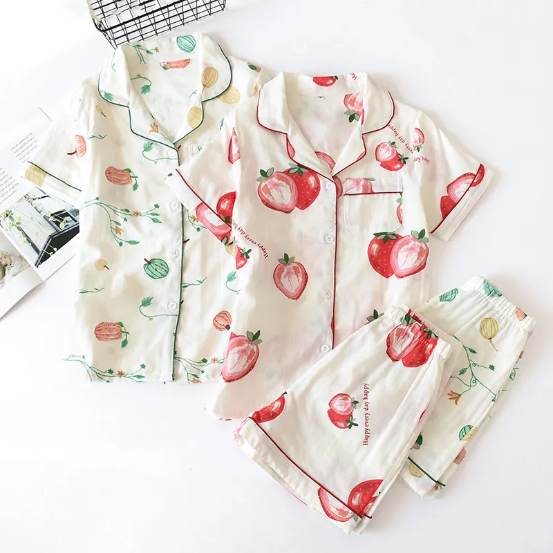 Cotton Thin Pajamas Ladies Summer Shortsleeved Shorts Home Costumes Nightwear Printed Fresh Loose Suit Ropa De Dormir Mujer T200429