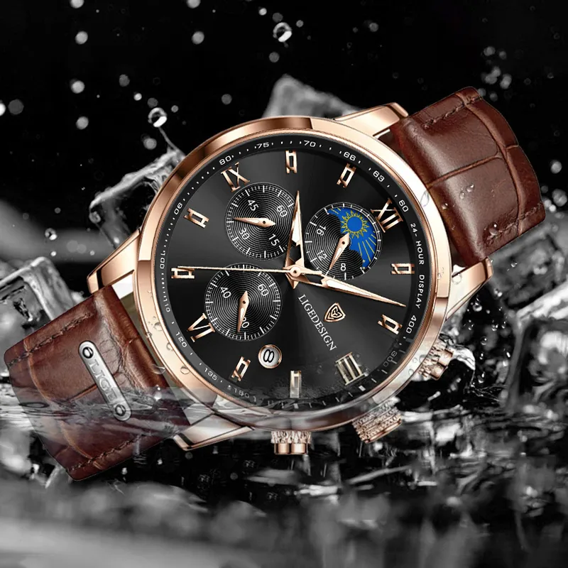 LIGE мужские часы, лучший люксовый бренд, водонепроницаемые спортивные наручные часы, хронограф, кварцевые, в стиле милитари, натуральная кожа, Relogio Masculino 2202247g