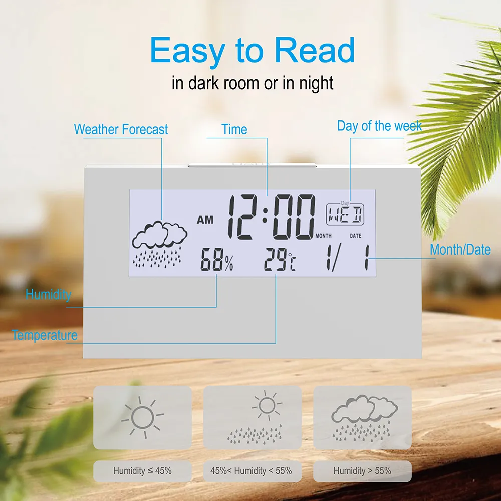 カレンダーとデジタル温度湿度が付いている電気LCDの机の目覚まし時計白いホームオフィスの時計の腕時計の電池を操作201222