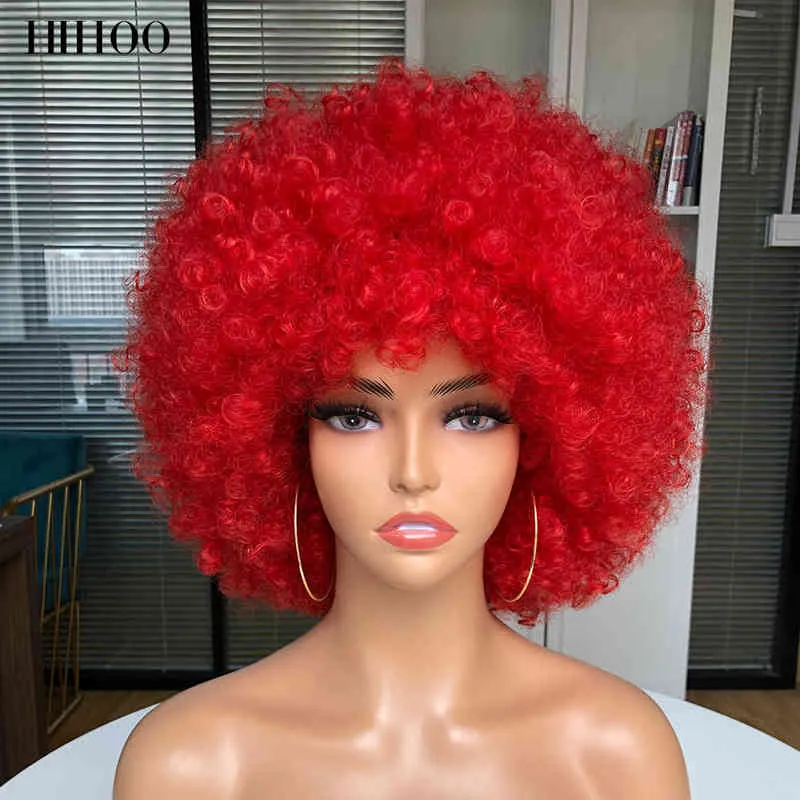 Hårsyntetiska peruker Cosplay Kort hår Afro Kinky Curly Wig med Bangs Kvinnors Cosplay Blondin Rosa Syntetisk Halloween Svart Blå Röd Brun 220225