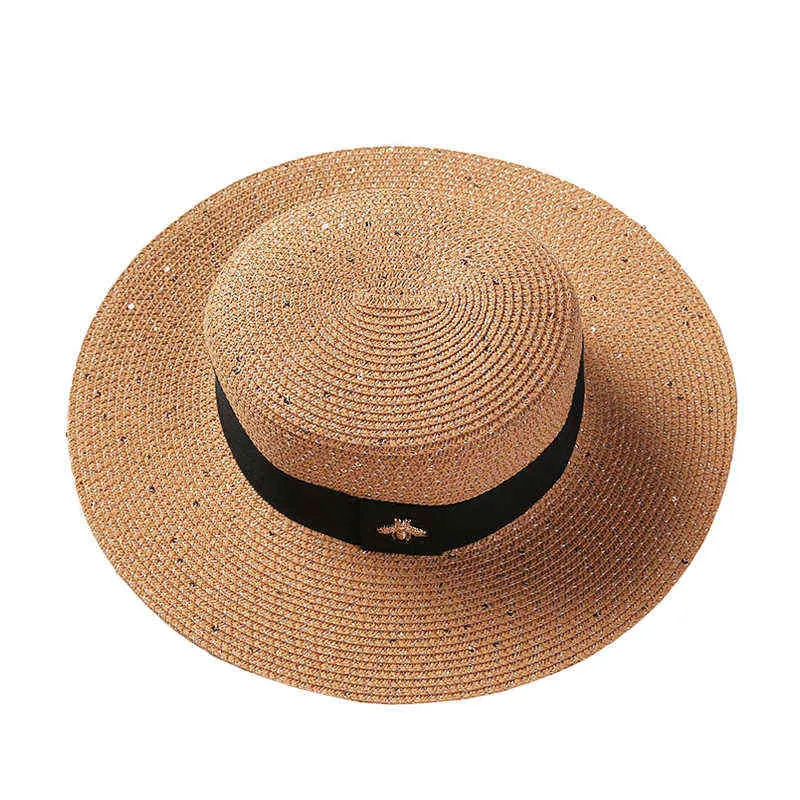 Damskie płaskie kapelusze Sun Boater mała pszczoła cekiny słoma Retro złoty pleciony damski parasolka Shine Cap RH 220113