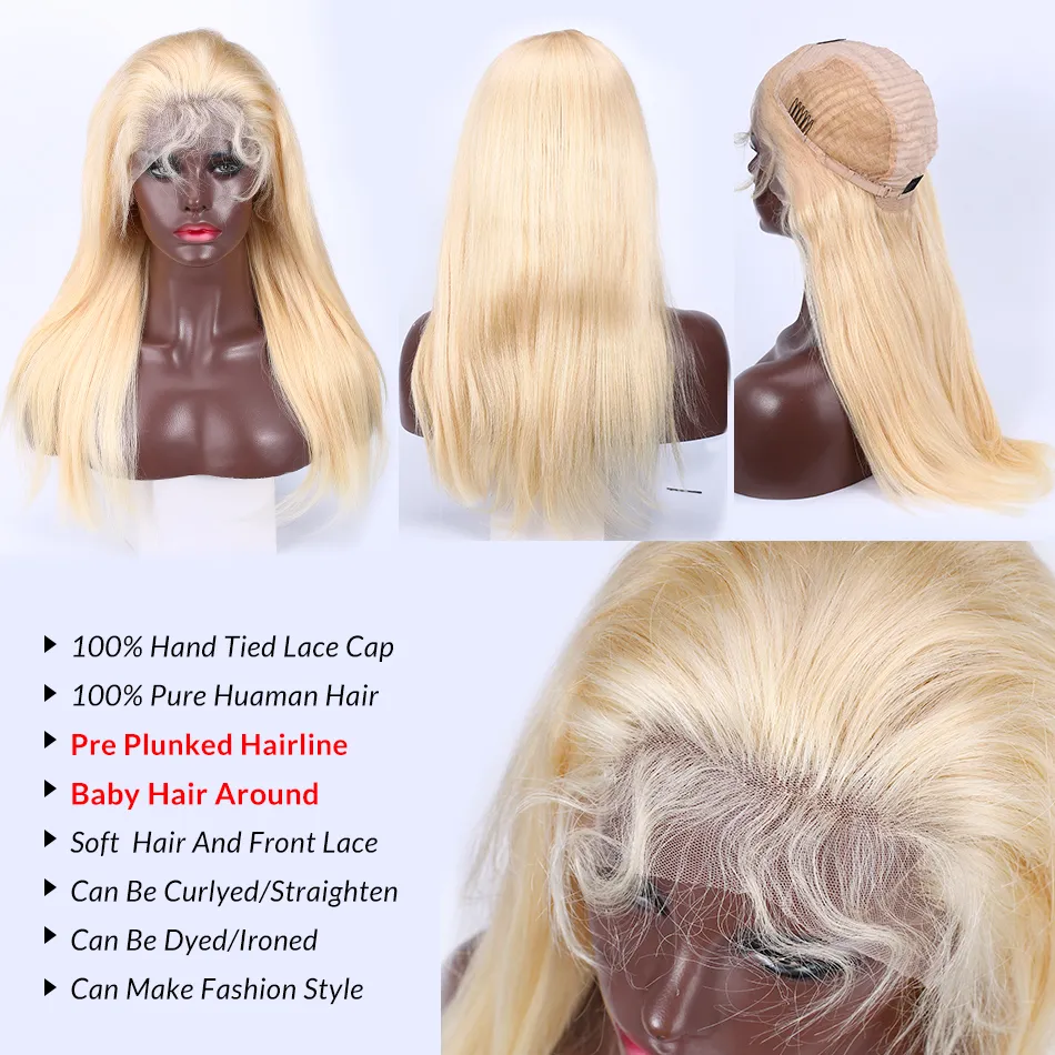 28-30 inch Rechte 613 Blonde Kant Voor Menselijk Haar Pruiken Remy Transparante Lijmloze Frontale Sluiting Pruik Pre Geplukt Babyhaar2108886