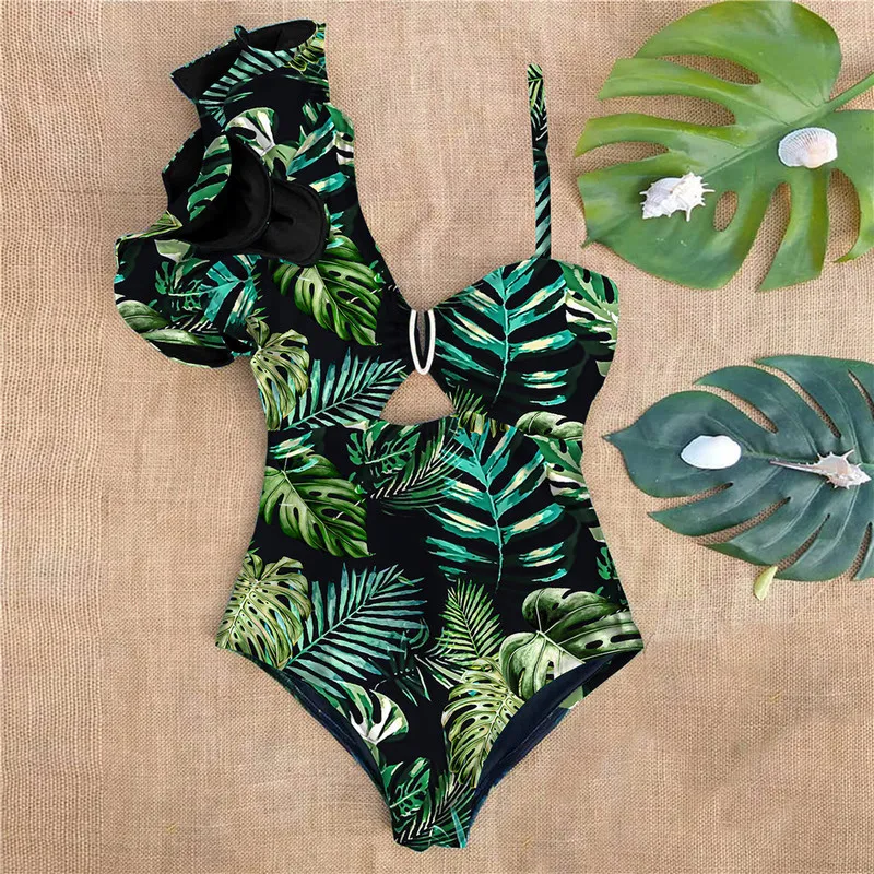 Sexy One Shoulder Ruffle Badpak Print Floral Swimwear Dames Badpak Badpak Beachwear Monokini 220226