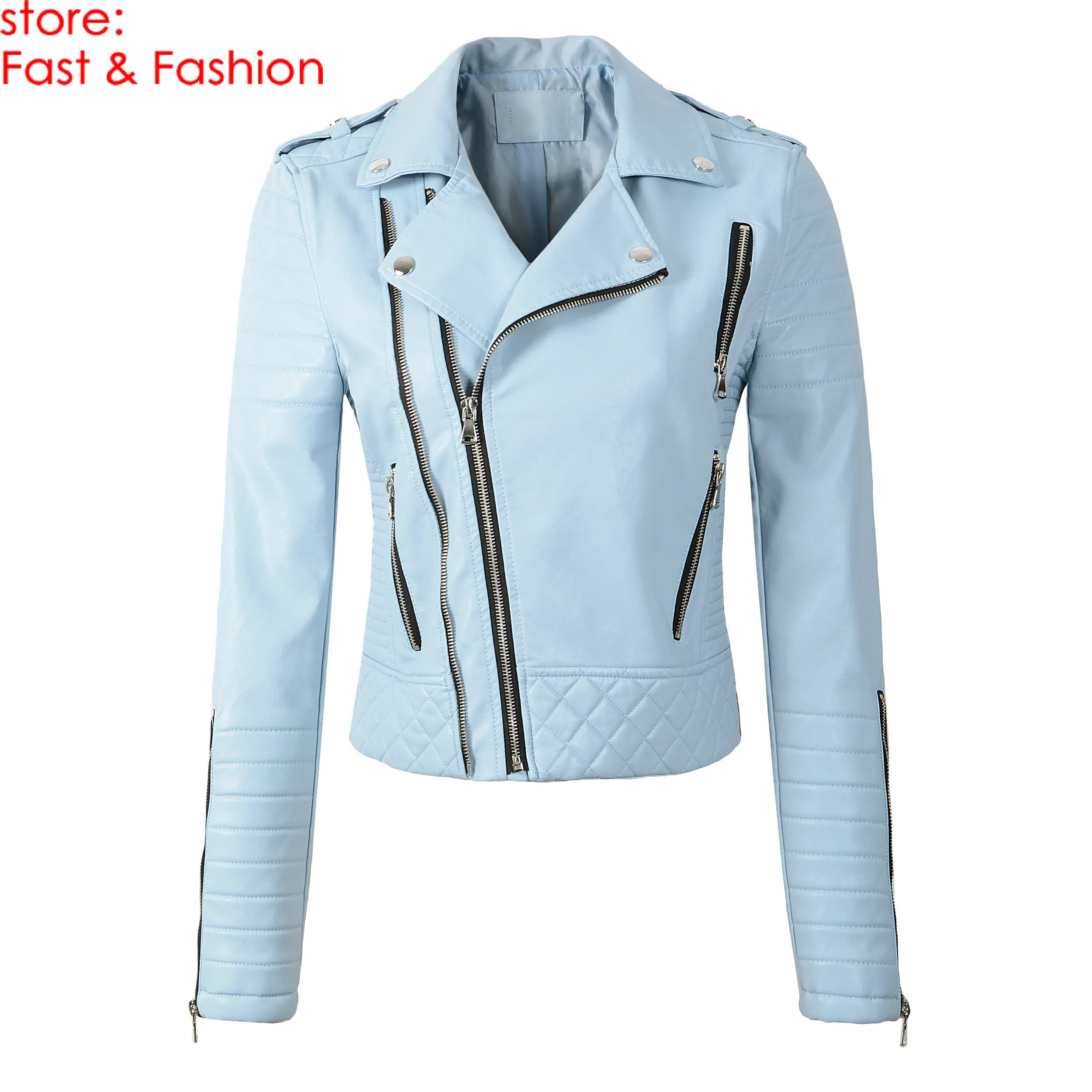 2020 Nouvelle Mode Femmes Printemps Automne Doux Faux Vestes En Cuir Lady Moto Fermetures À Glissière Biker Bleu Manteaux Noir Survêtement Vente Chaude T200828