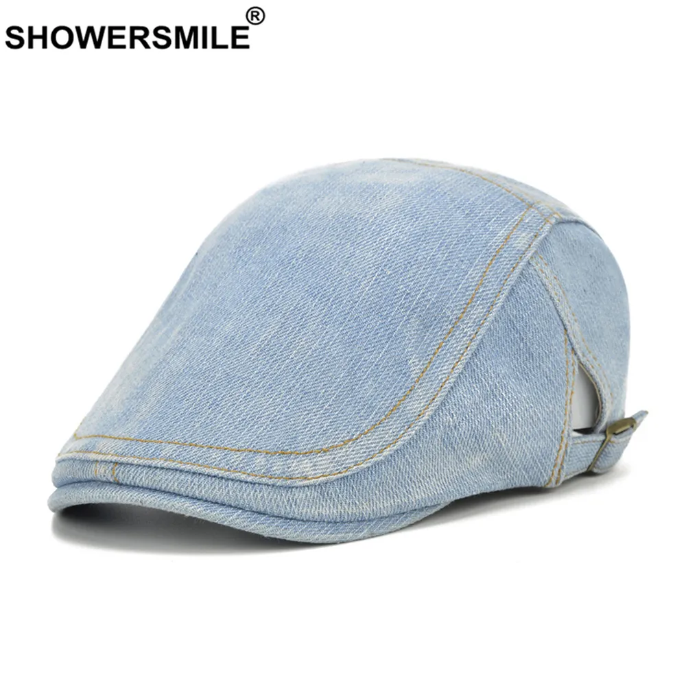 SHOWERSMILE Denim Platte Pet voor Mannen Vrouwen Baret Hoed Casual Ierse Cap Blauw Britse Retro Mannelijke Vrouwelijke Verstelbare Ivy Cabbie Cap LJ201271F