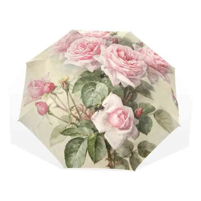 Vintage Shabby Floral Print Kobiety Parasol deszczowy Chic Pink Rose Three Folding Girl Trwała przenośna automatyczna parapluie 2112278311349