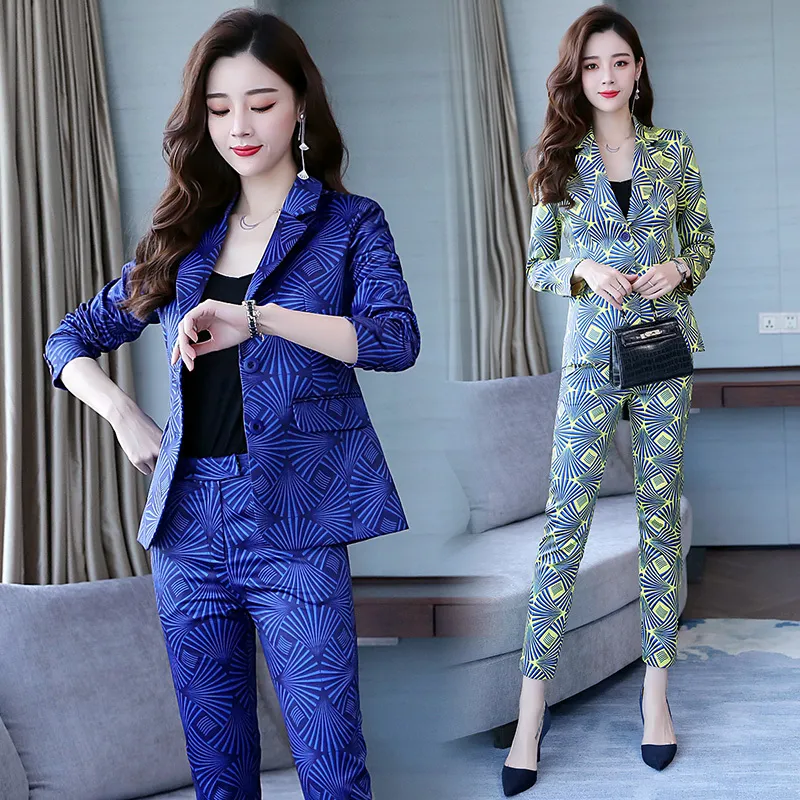 유명한 위안 홍콩 스타일의 새로운 여성 착용 전문 정장 인쇄 작은 정장 바지 쇼 얇은 2 피스 패션 T200817
