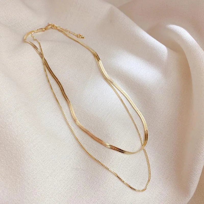 Minimalist Double Layer Women Box Chain Herringbone Chain Gold Plated Choker Necklaces Korean Fashion Blade Necklace2404