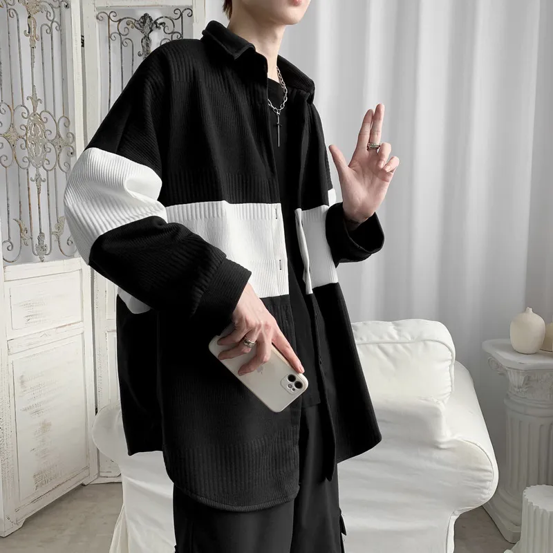 E-Baihui 2021 European American Outwears Dark Long-Sleeved Herrkläder Svartvitt Kontrastfärg Stickad kappa Casual Loose Jackor S08