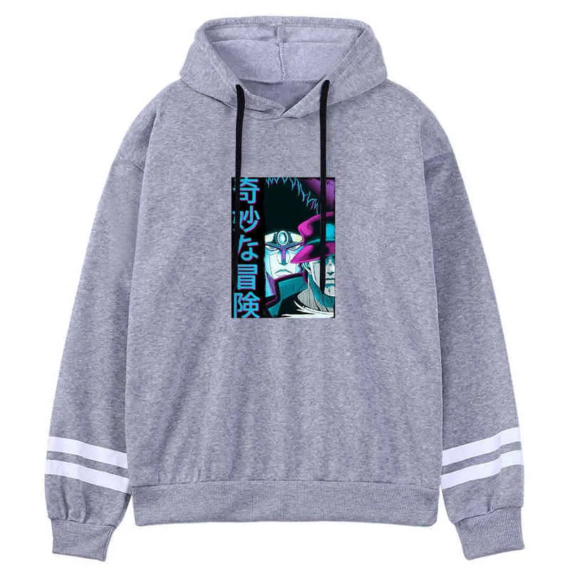 Jojo Bizarre Adventure Mens Hoodies Lange Mouwen Fleece Sweatshirts Harajuku Stripe Manchetten Pullover Mannelijke Mode Streetwear 2021 H1227