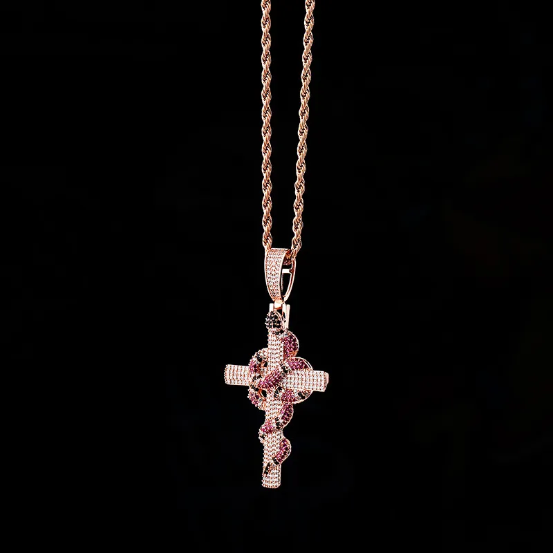 Retro Snake Cross Pendant Real Gold Electroplated Full of CZ Iced Out Diamond Mens Necklace Hip Hop Jewelry252g