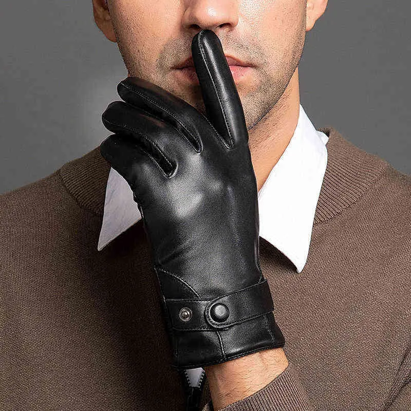 Otoño hombres negocios piel de oveja guantes de cuero invierno dedo completo pantalla táctil guantes negros montar motocicleta guantes NR196 211224230N