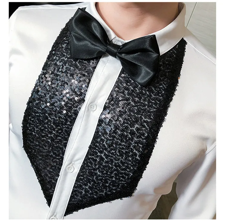 Chemise de smoking blanche et noire pour hommes, patch à paillettes, solide, robe à manches longues, chemises cintrées, scène de mariage, bal de promo, chemisier masculin C1222