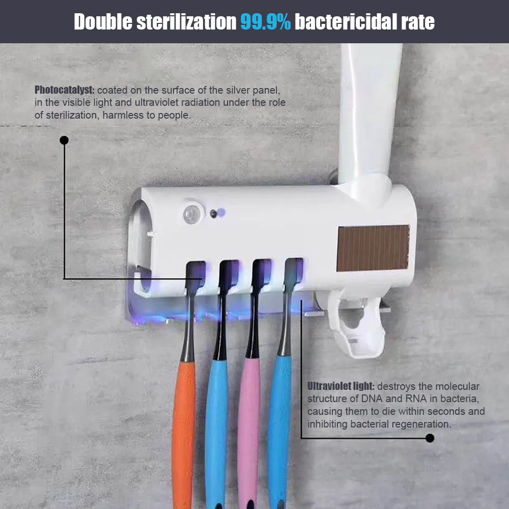 Automatische Tandpasta Squeezer Dispenser Antibacteria Ultraviolet Tandenborstelhouder Sterilisator Badkamer Accessoires Zonne-energie T200506