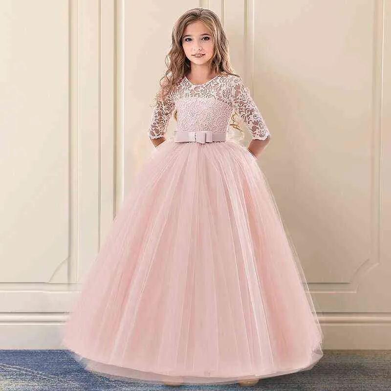 Red Christmas Dress Lace Flower Girls Wedding Party Children Clothing Elegant Long Gown Formal Evening Kids Dresses for 220110