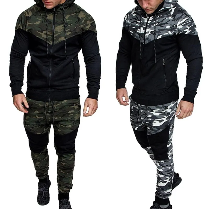 NIBESSER Kamuflaj Baskılı Erkekler Set Nedensel Ceket Erkekler 2 adet Eşofman Spor Hoodies Kazak Pantolon Spor Takım 201204