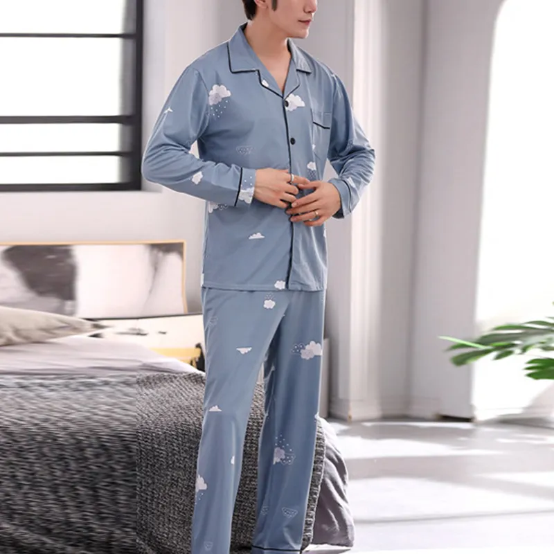 Men Pyjamas Sets katoenen pyjama's slaapkleding nachtkleding met lange mouwen geprinte gestreepte geruite casual LJ201112