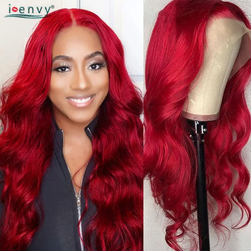 Body Wave Lace Frontal Wig Pre Pluck Peruvian Red Burgundy Lace Front Wig Human Hair Wigs Colored Lace Wigs Curly X4 Body Wave Closure Wig