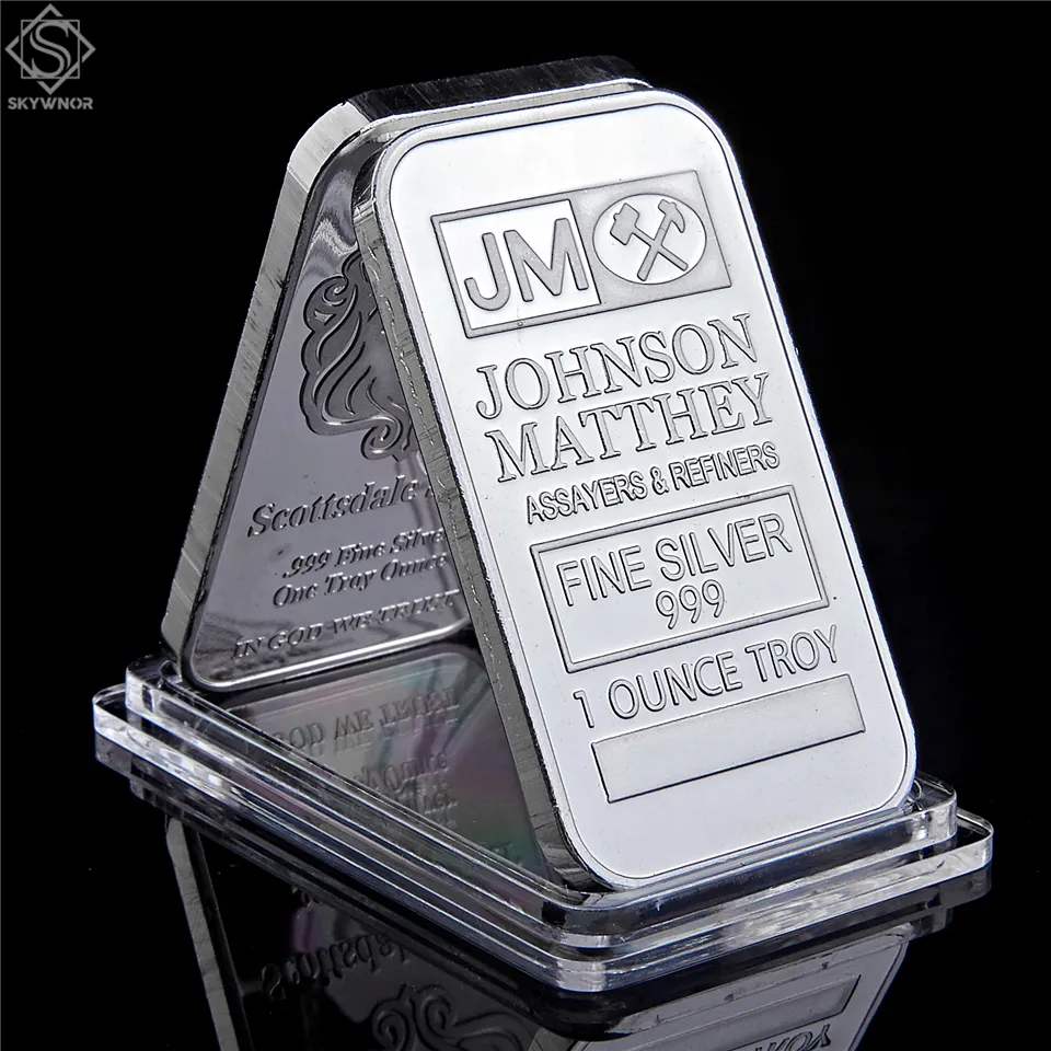 Johnson Matthey 1oz Silver Bar Craft Bullion 50mm x 28 mmアクリル透明なプラスチックボックスパッケージ6818340