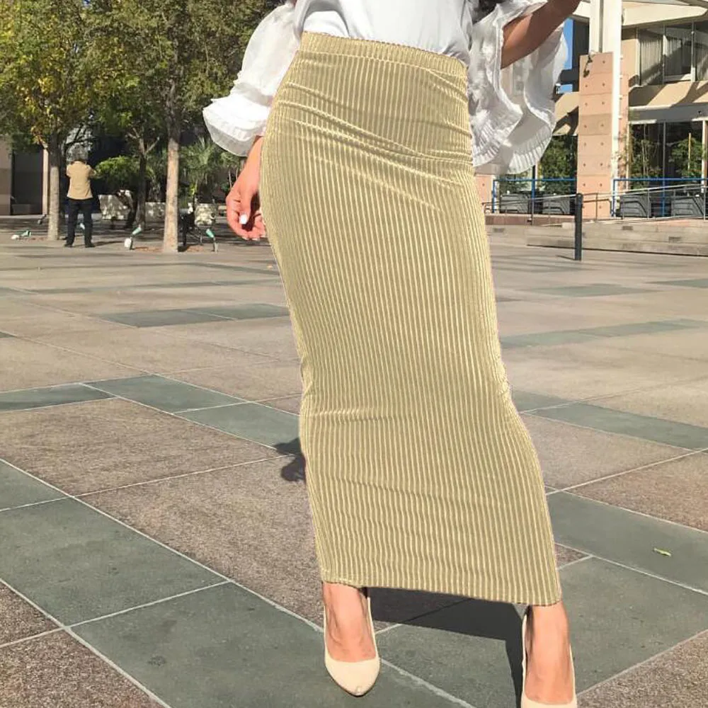 2021 Spring Summer Skirt High Waist Muslim Tight Bodycon Sheath Long Women Solid Stretchy Pencil s Streetwear Q0119