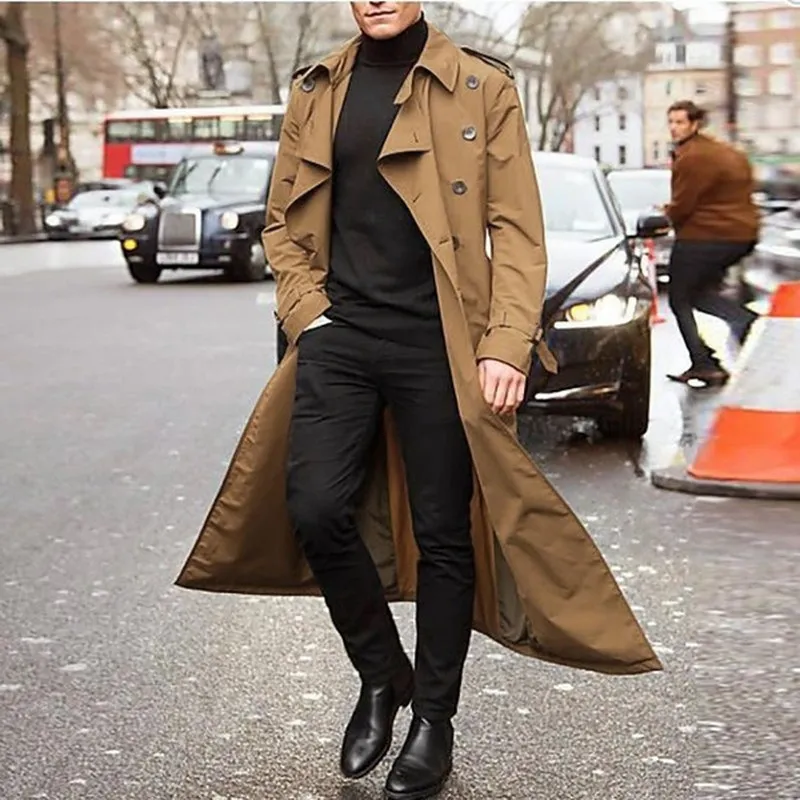 Trench-Coat Hommes Veste Mens Pardessus Casual Slim Fit Coupe-vent Plus Taille Solide Long Manteau Hommes Mode Manteaux d'hiver Homme 201211