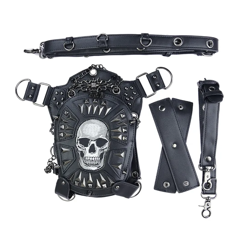 Gothic Steampunk Skull 2019 Women Messenger Leather Rivet Midjeväskor Fashion Retro Rock Motorcykelben Bag för män T200113302N