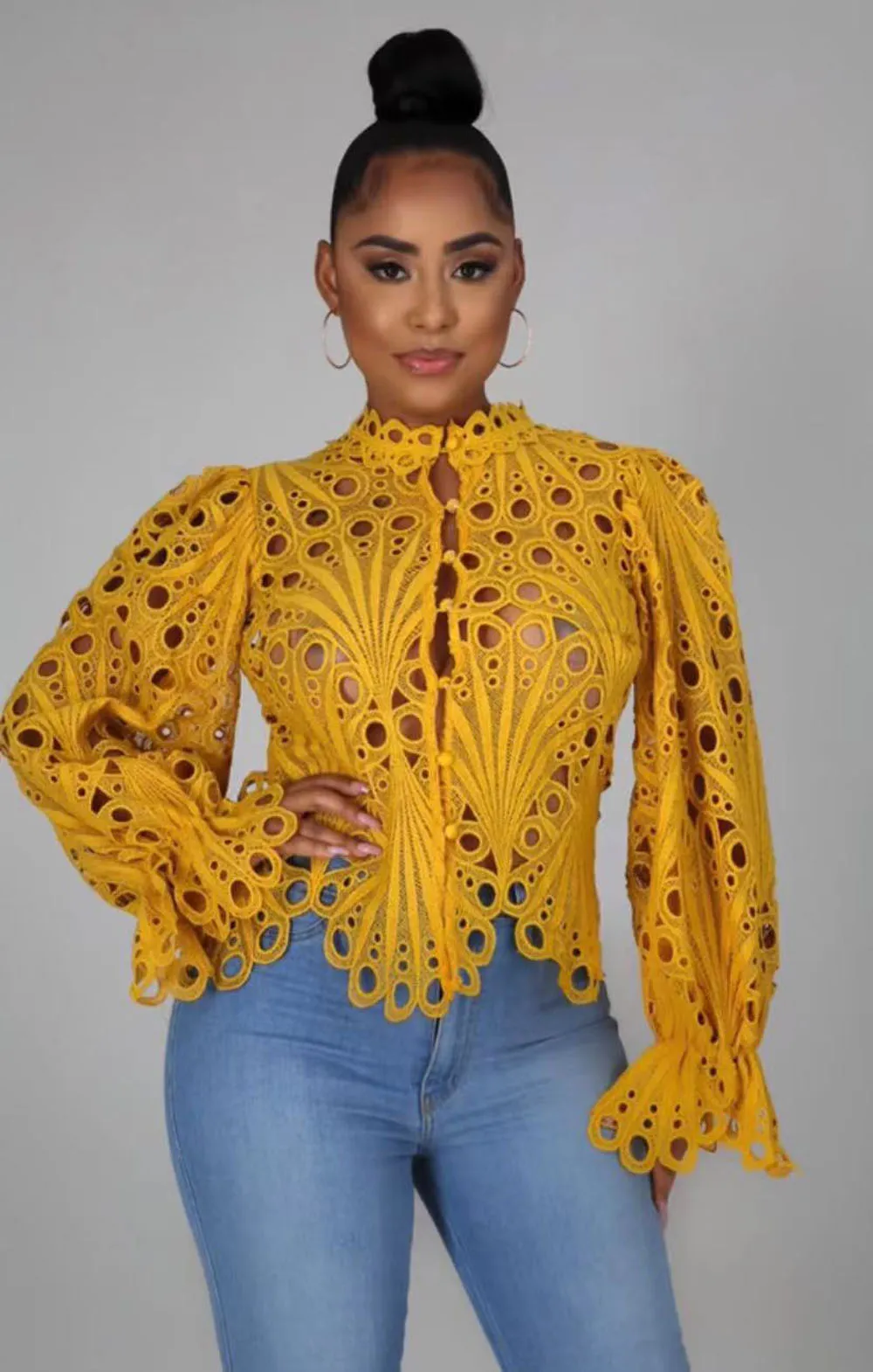 2022 New Elegant Long Sleeve Hollow Out Mesh Lace Shirt Sheer See Through Top Blouse Clothing Dashiki African Shirts For Women