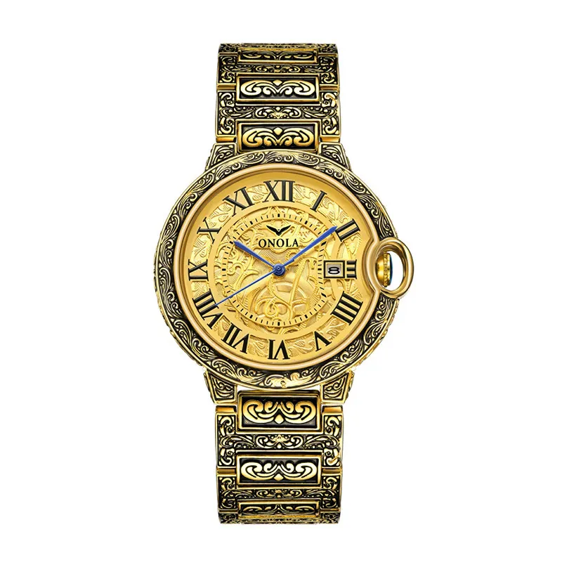 Vintage Classic Cross-Border Fashion Retro Mens Large Plate Gold Watch Steel Watch Mens Gold Watch319v