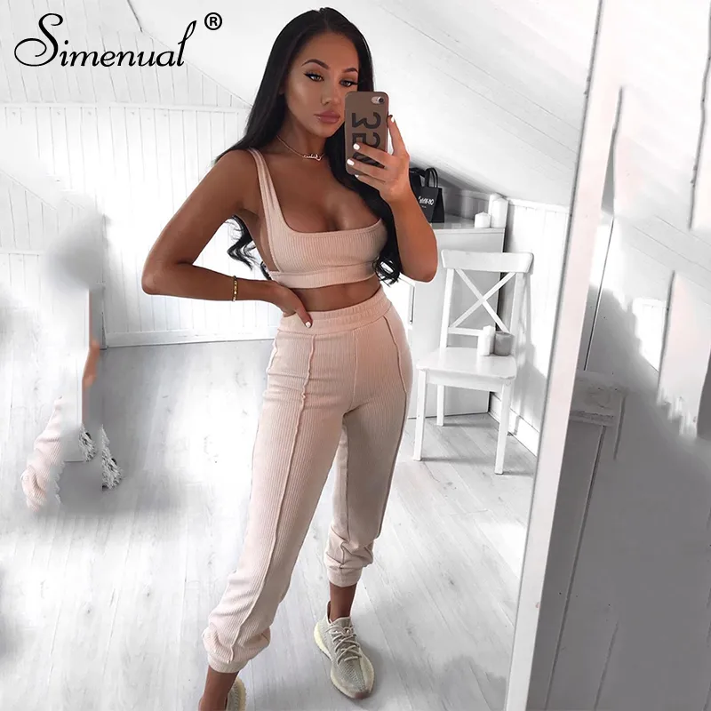 Simenual Ribbed Basic Workout Sportswear Matching Set Femmes Mode Casual Solide Deux Pièces Tenues Sans Manches Haut Et Pantalon Ensembles 201104