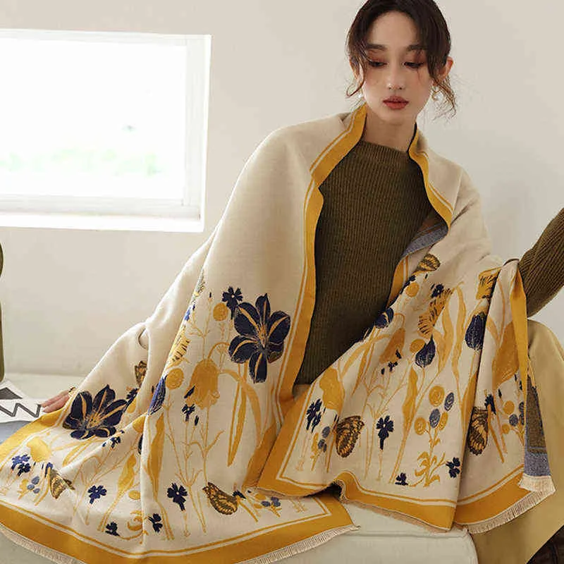 Écharpe à imprimé Floral pour femmes, Foulard en cachemire Pashmina plus chaud pour l'hiver, couverture épaisse pour femmes, 220106
