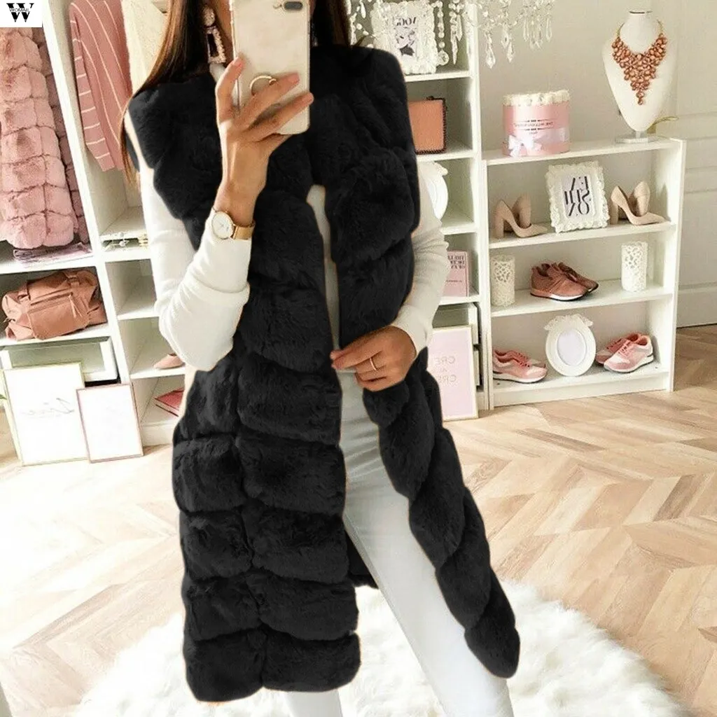 Women Winter Thicken Fluffy Plush Vest Open Front Mid-Length Waistcoat Oversized Loose Solid Color Jacket Outwear S-4XL 10.9 201211