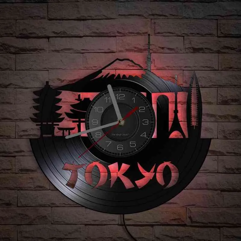 Tokyo Skyline Horloge Murale Décorative Pour Enterprise Office Japanese Cityscape Vinyl Album Re-purposed Record Clock Japon Souvenir H1230