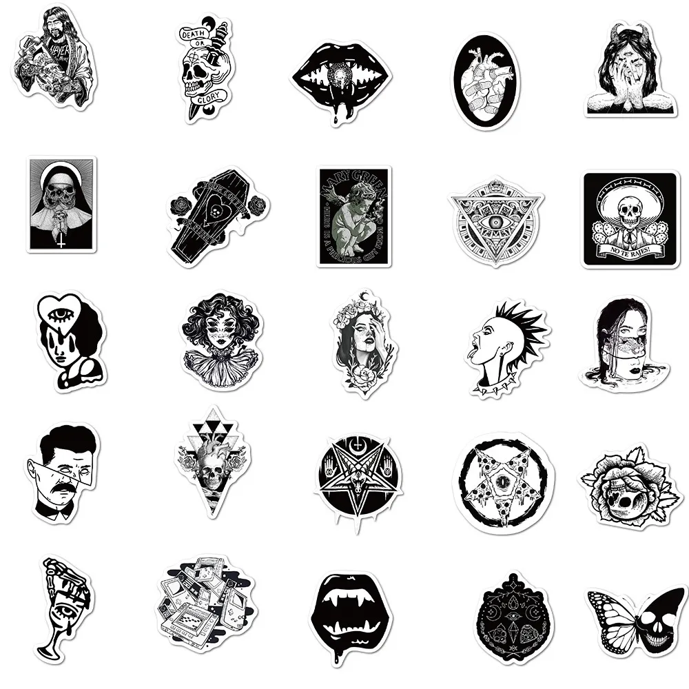 100 stks Zwart Wit Punk Goth Mode Horror Graffiti Stickers voor Motorfiets Auto Helm Gitaar Laptop Skateboard Gothic Sticker Q1215