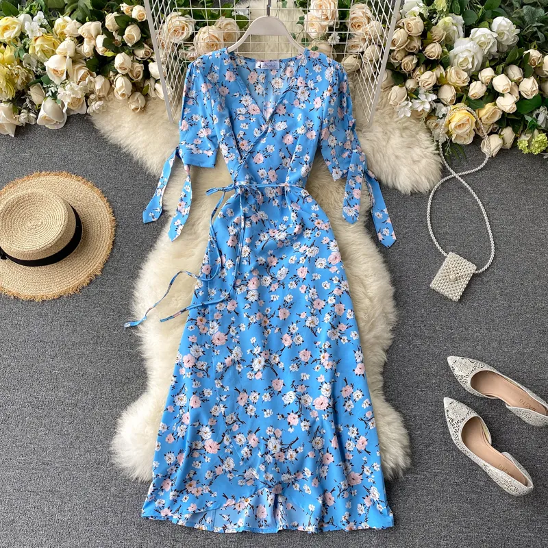 SINGRAIN New Summer Print Abito floreale Donna con scollo a V Chiffon Bohemian Abiti da spiaggia Irregolare femminile Wrap Midi Abito lungo T200603