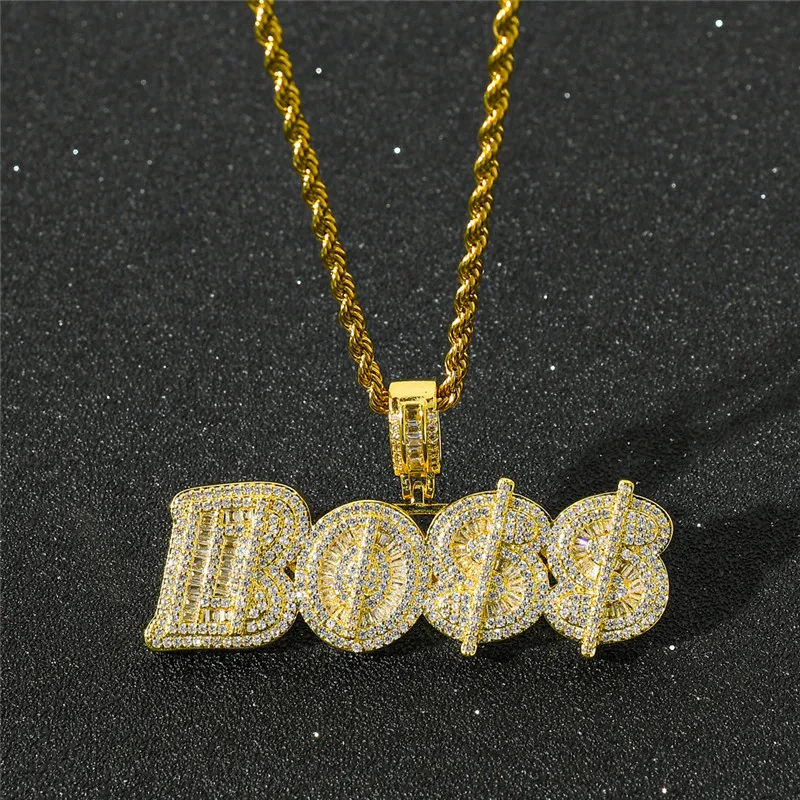 Iced Out CZ Diamond Letter Boss Pendant Necklace Gold Silver Plated Mens Hip Hop Jewelry Gift246w