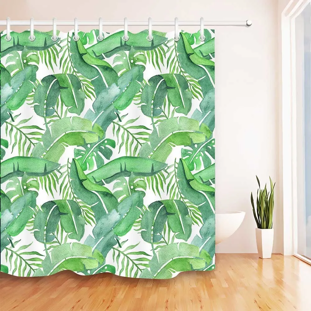 Hojas verdes Cortina de ducha blanca Baño de la jungla tropical Naturaleza impermeable de la tela de poliéster resistente al agua para la decoración de la bañera 29838001