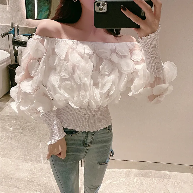 Sexy Off Shoulder Womens Tops and Blouses Mesh Sheer Puff Sleeve Tops Zomer 3D Bloem Vintage Witte Vrouwen Shirt Blouse 220308