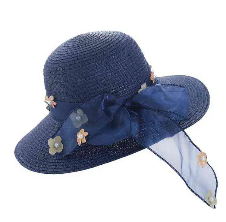 Zomer strand stro hoed vrouwen meisje kant boog bloem zon hoed zon hoed grote rand G220301