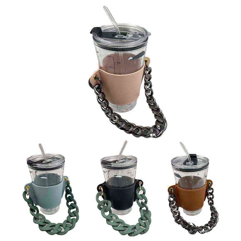 Fashional PU porte-gobelet en cuir Portable bouteille en verre couverture en cuir écologique tasse à café sac détachable chaîne bouteille couverture Y0113
