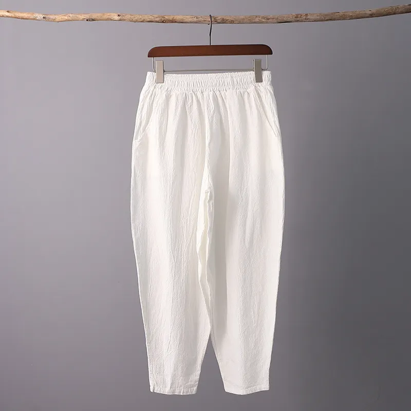 Johnature 2020 Summer Solid Color Cotton Linen Pants New Vintage Elastic Mid midja Loose Women Ankle Length Harem Pants LJ201029