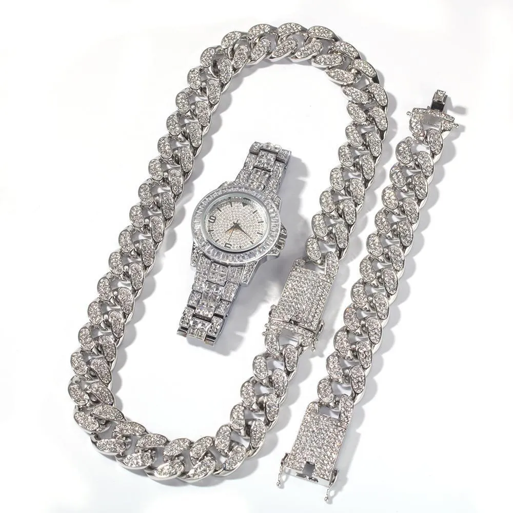 Set Men Hip Hop Iced Out Bling Chain Collier Bracelets Watch 20 mm Largeur Colliers Coubains Colliers Hiphop Charm bijoux Cadeaux2576