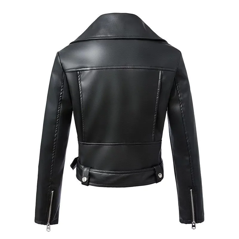 Fitaylor Siyah Faux Deri Ceket Kadın Bahar Sonbahar Kısa Yumuşak PU Deri Ceketler Ile Kemer Fermuar Moto Biker Coat LJ200825