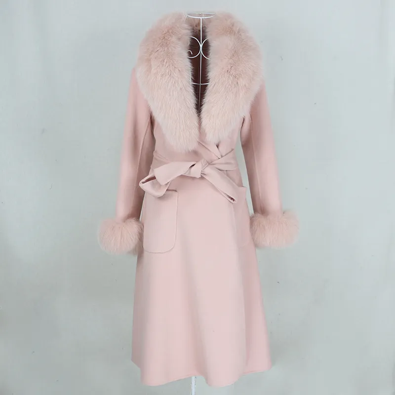 OFTBUY Neue Xlong Kaschmir Wolle Mischungen Echt Pelzmantel Gürtel Winter Jacke Frauen Natürlichen Fuchs Pelz Kragen und Manschetten Streetwear 2011126229284