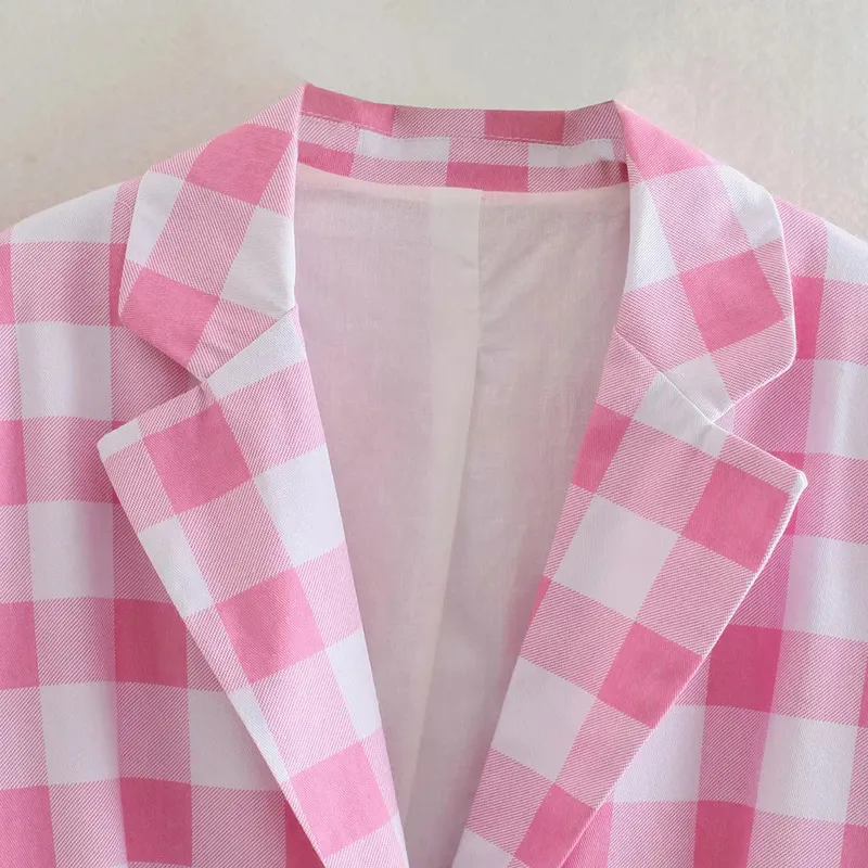 XEASY Women Two-piece Set Loose Cotton Pink Plaid Vintage Office Lady Blazer Female High Waist Shorts Skirt Suit 220221