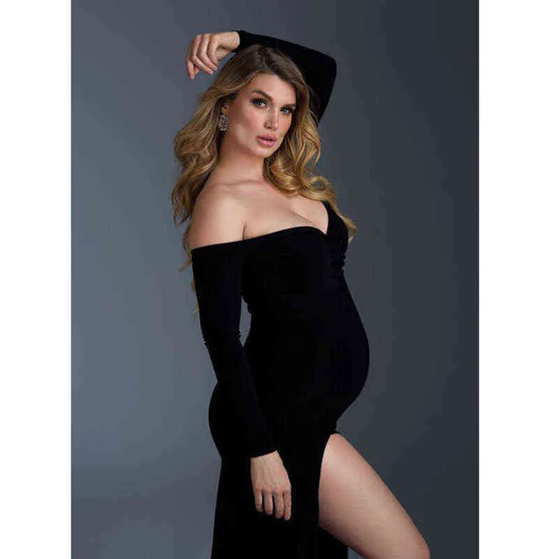 Långärmad hög split maxi moderskap klänningar för fotografering sexig v nacke graviditet klänning fotografi gravid kvinna baby shower g220309