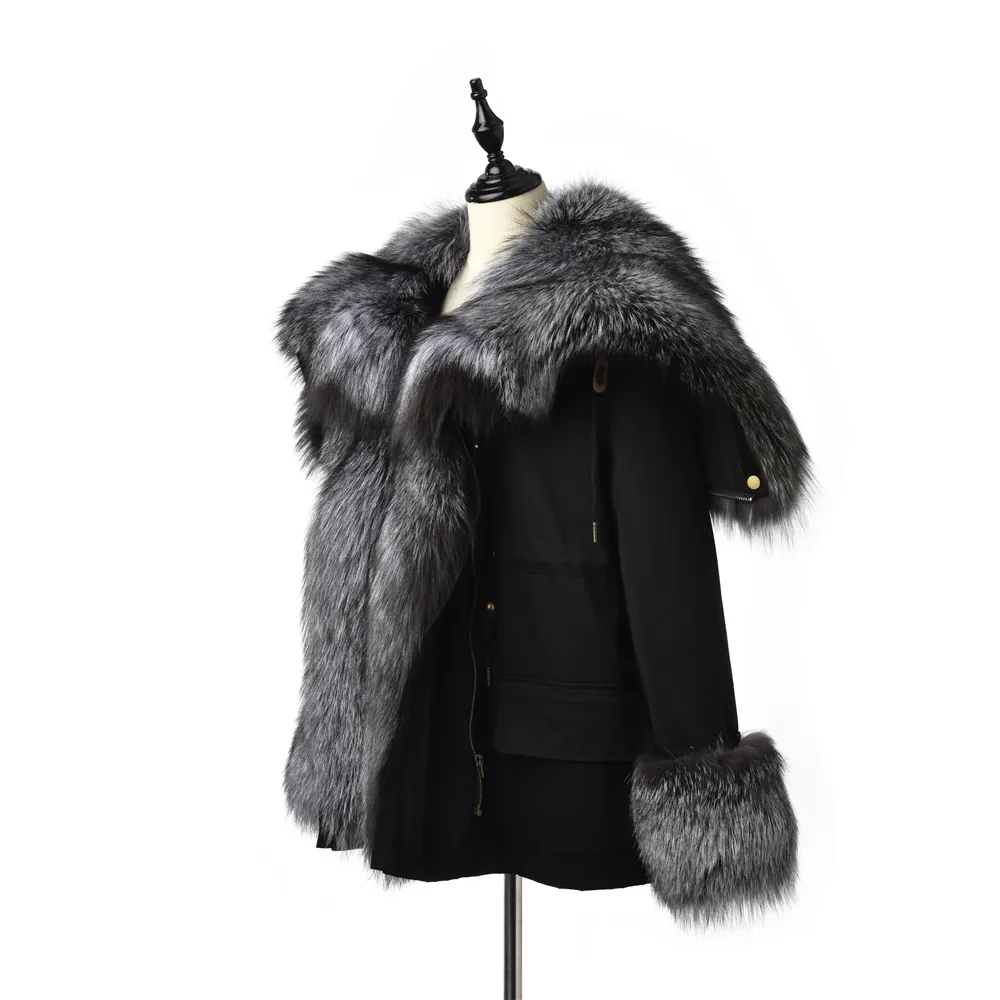 TOPFUR Fashion Real Fur Coat Women Black Parka Natural Silver Fur Coat With Hood Adjustable Winter Fur Parka Short 201214