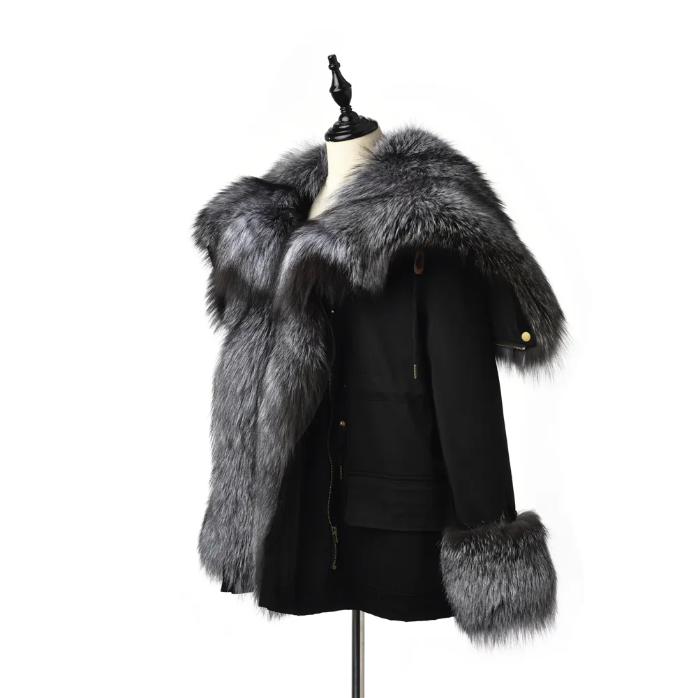 TOPFUR moda abrigo de piel Real mujer negro Parka abrigo de piel de plata Natural con capucha ajustable invierno piel Parka corto 201214