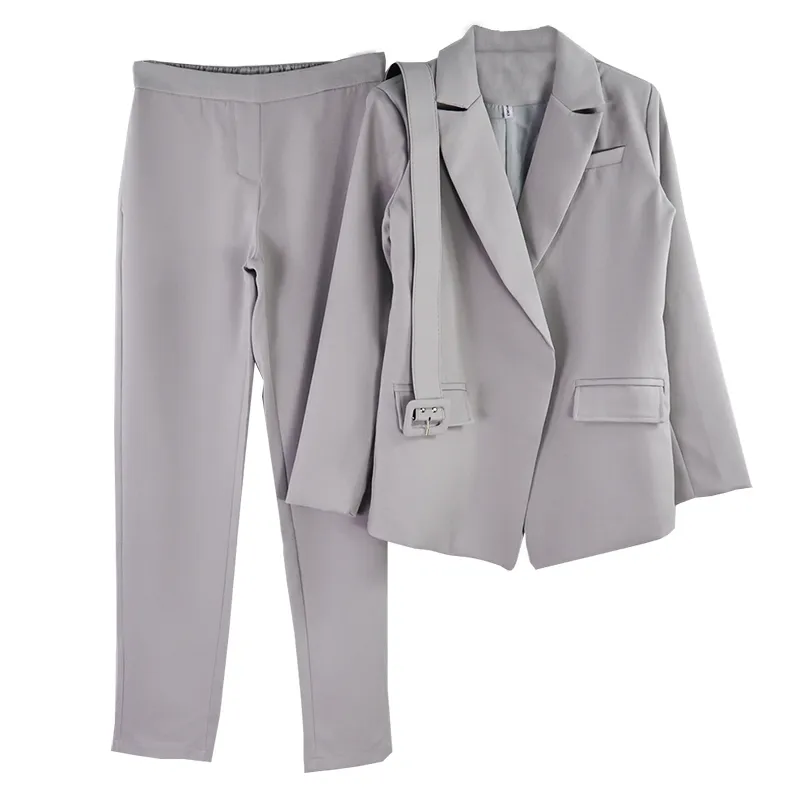 Mvgirlru office dame werk broek pakken vrouwen slanke lange mouwen sjerpen blazer + rechte broek elegante twee stuk set T200702